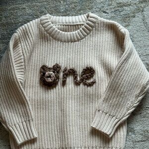 Baby first birthday Cream Knit Sweater with Brown Bear Design